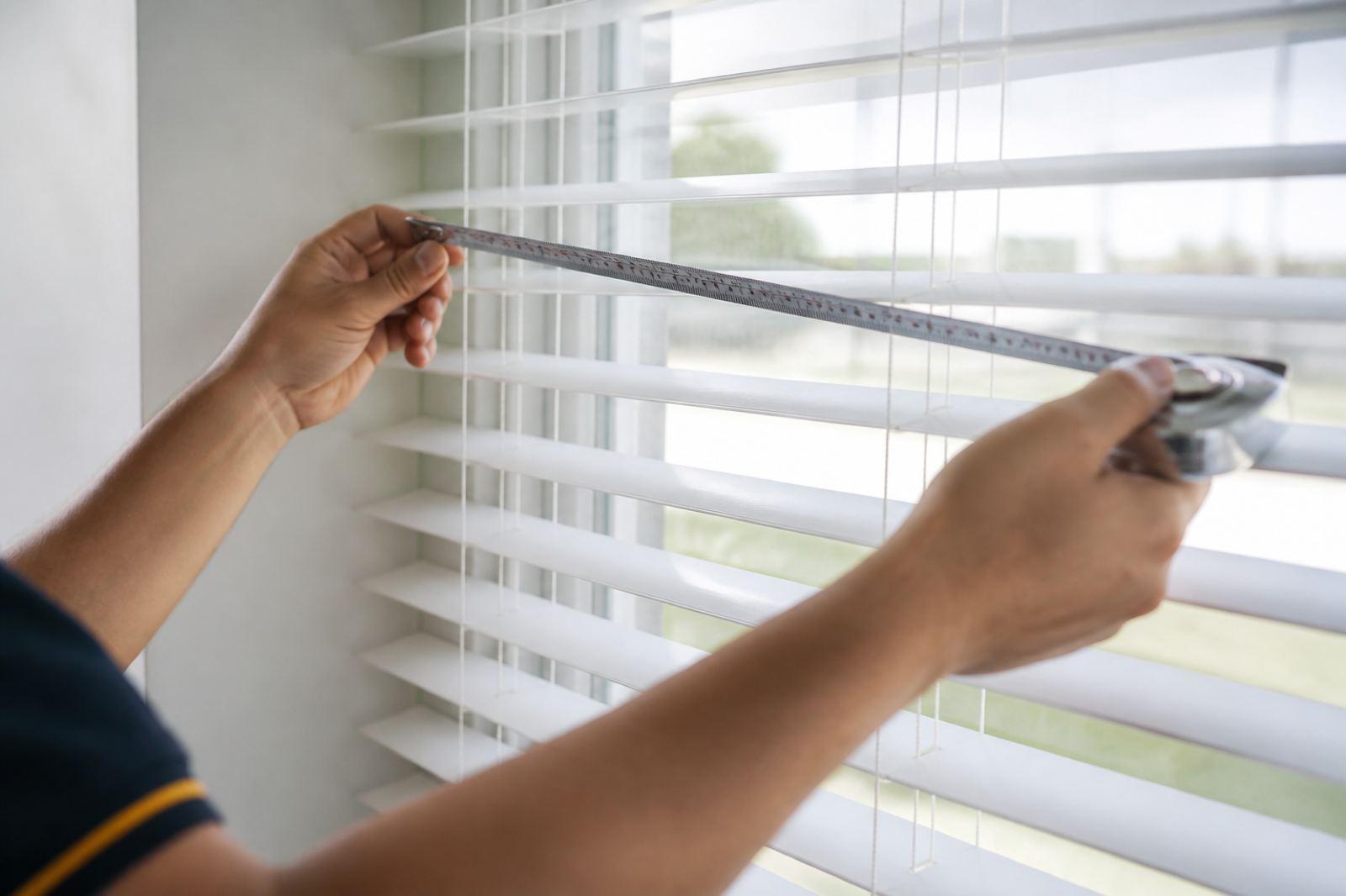 Technician measuring window blinds with a tape measure