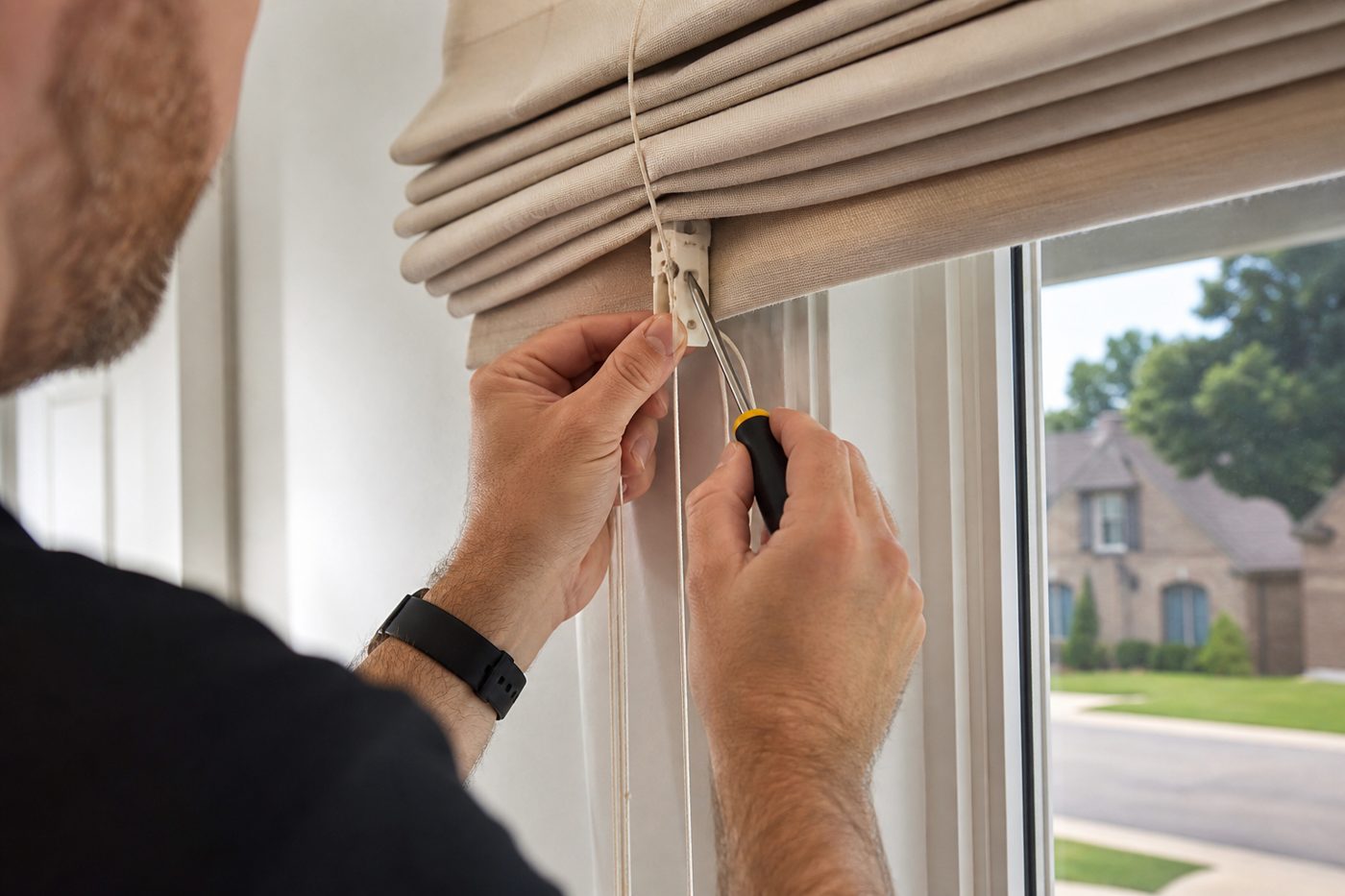 Technician repairing roman shade cords and hardware