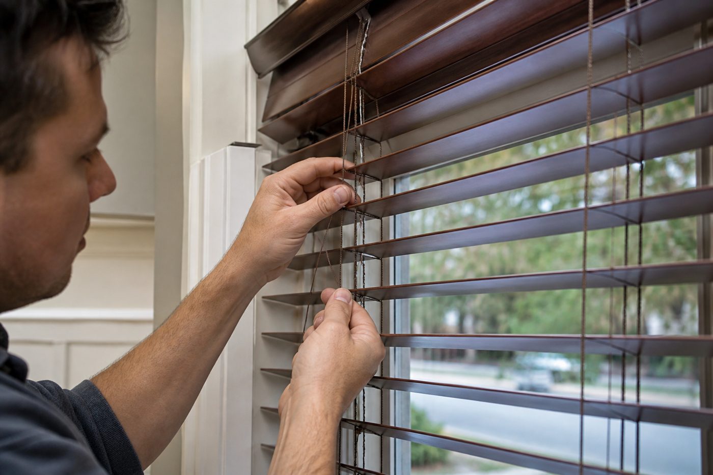Technician restringing and repairing 2-inch blinds