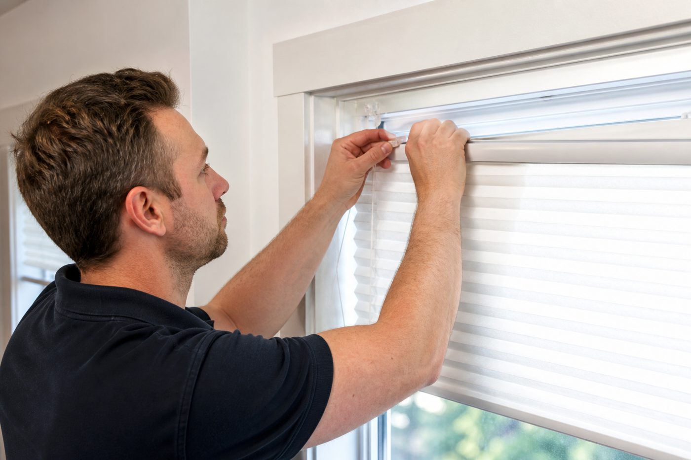 Technician adjusting cellular honeycomb shade cords