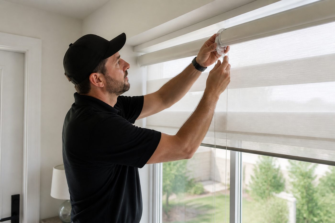 Technician repairing silhouette sheer shade controls