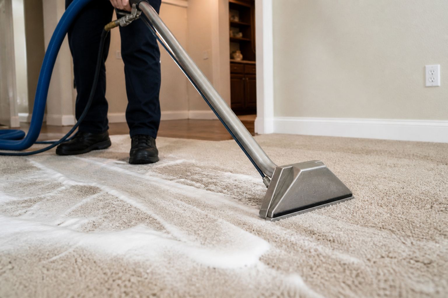 Technician cleaning carpet with a hot-water extraction wand