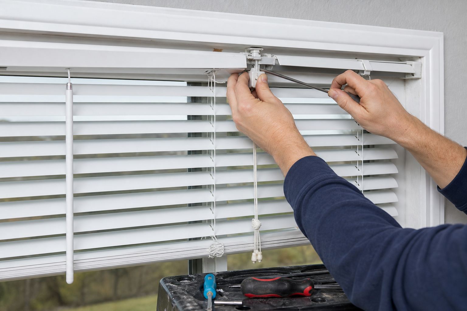 Technician repairing blind cords and mechanisms
