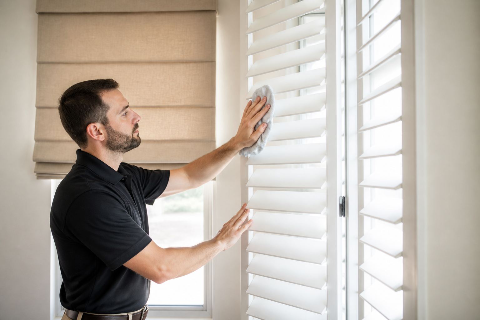 Technician cleaning fabric shades