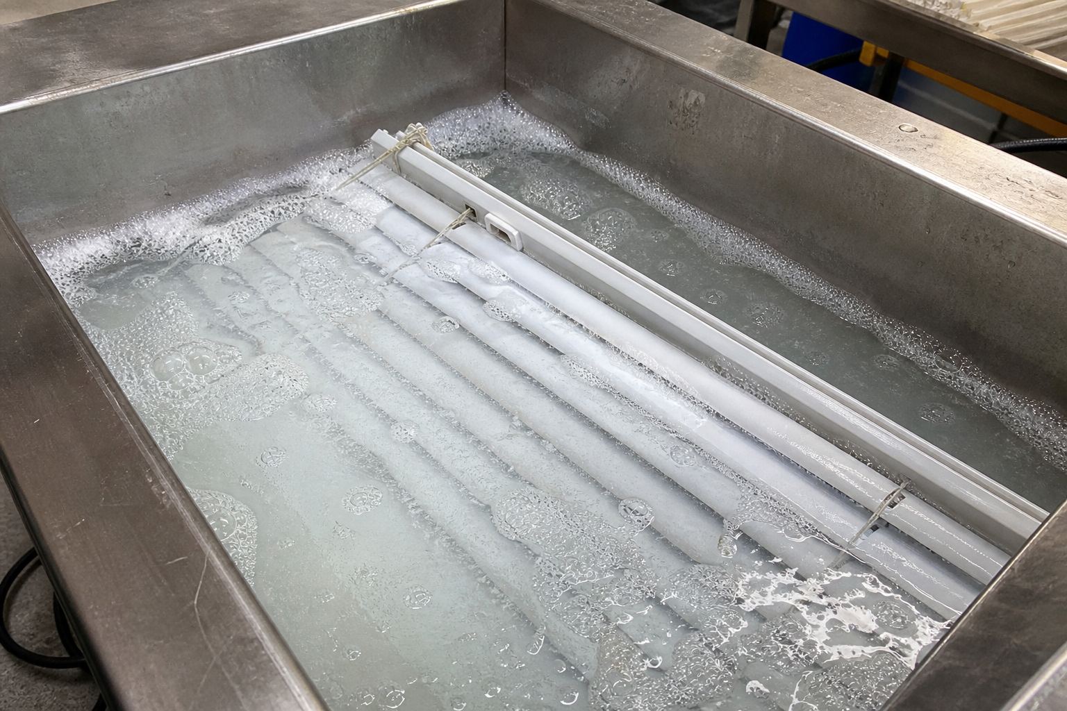 Blinds immersed in an on-site ultrasonic cleaning tank