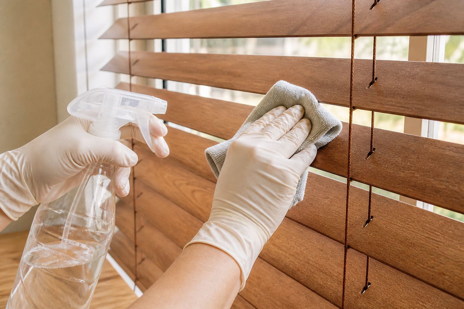 Hand cleaning wood blinds with spray and cloth
